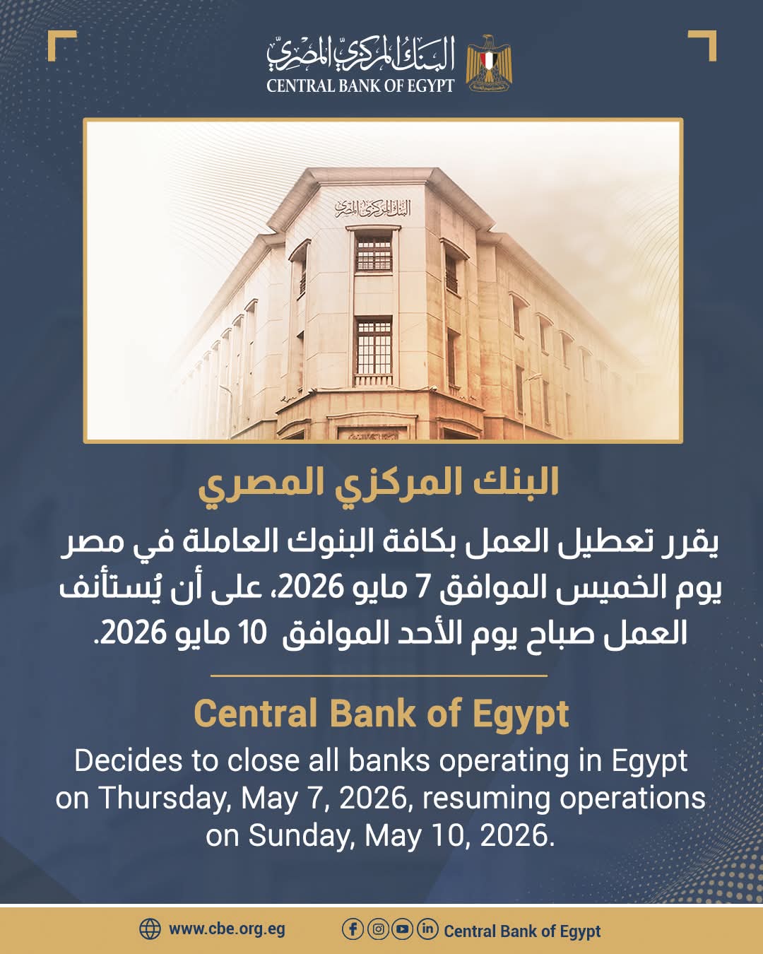 مواعيد عمل البنوك خلال إجازة عيد العمال 2026